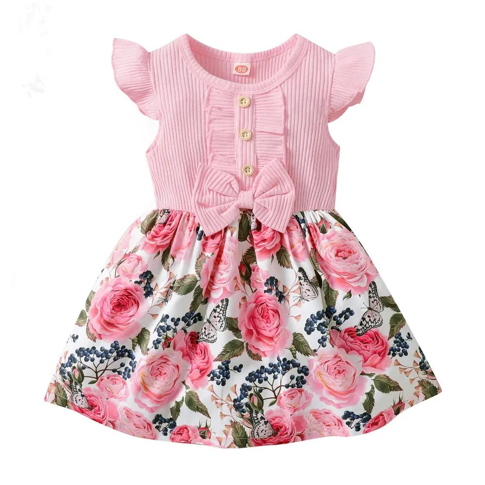 1-5 Years Toddler Girl Dress Fly Sleeve Flowers A- Line Princess Dress Children Summer Lovely Daily Holiday Dresses for Kids Gir