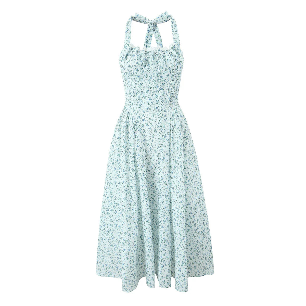 YENKYE Lace Trim Floral Print Halter Dress For Women Sexy Backless Low Waist Midi Summer Dresses Holiday Party Robe