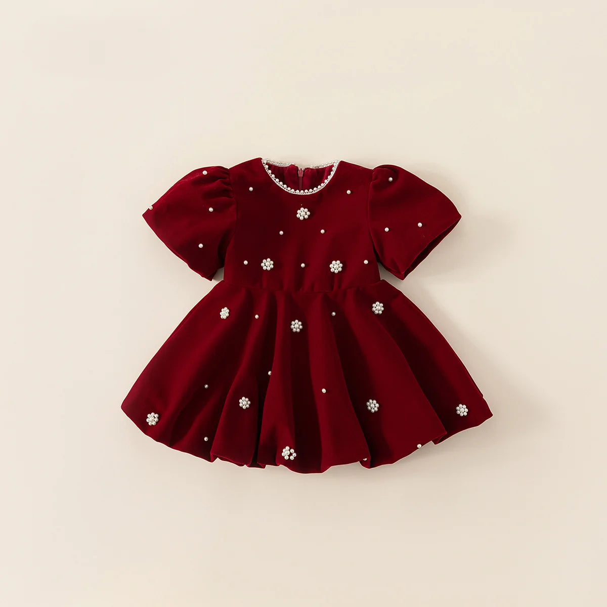 Children Clothing Girls Red Velvet Dress Christmas Party Flower Pearl Short Sleeve Dresses Kids Princess Gown Vestido for Baby