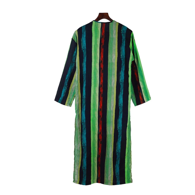 Men's Muslim Robes Striped Printed Long Sleeve Cotton Pockets Robes Button-down Leisure Vintage Islamic Arab Kaftan Dubai New