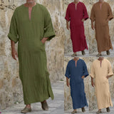 Mens Casual Loose Muslim Robes Shirts Fashion Solid Half Sleeve Abaya Kaftan With Pockets Middle East Islamic Arab Dubai Clothe