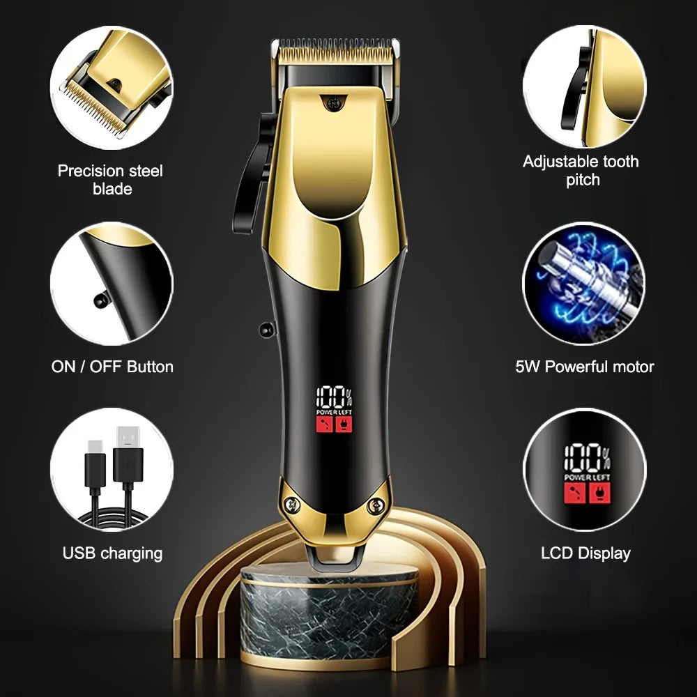 Men's Grooming Kit 3-Piece Set, Golden Balck Hair Clippers With LCD Display, USB Rechargeable, 8 Guide Combs, Trimmer And Shaver