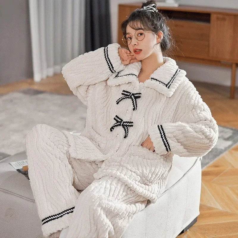 Women's Flannel Pajamas Set Autumn Winter Long Sleeve And Long Pants Sleepwear 2 Piece Set For Women Home Sweet Loose Pajamas