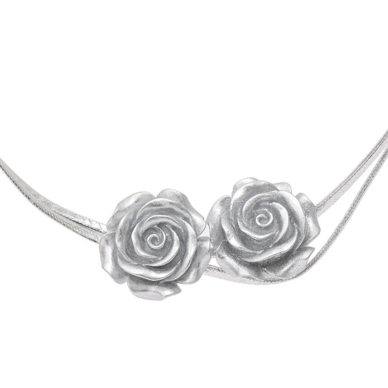 Silver Color Trendy Rose Flower Pendant Clavicular Chain For Women Double Layer Leather Choker Y2K Necklace Temperament Jewelry