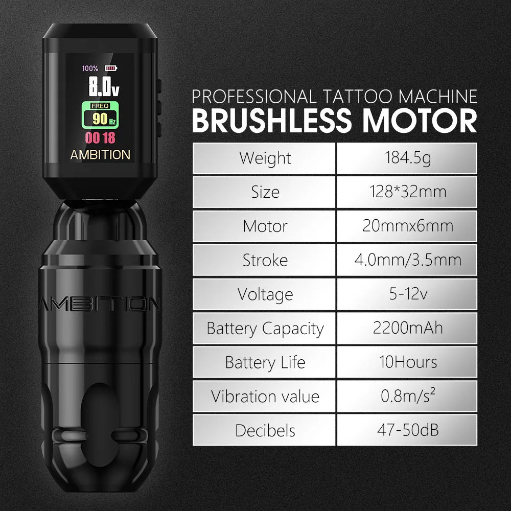 Ambition Lutin Design Straight Rod Rotaty Tattoo Machine Pen Brushless Motor Stroke4.0+3.5mm Match Korall Wireless Battery Kit