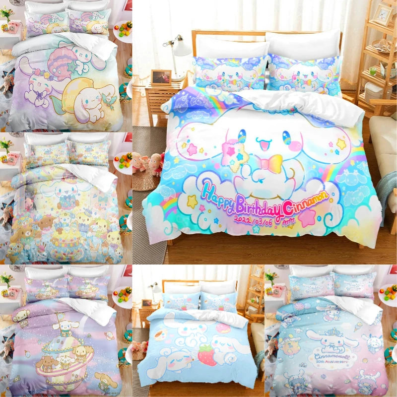 طقم غطاء لحاف من Sanrio Cartoon، طقم غطاء لحاف كاواي سينامورول، طقم غطاء وسادة، طقم سرير مريح للأطفال والبنات، مقاس كينج كامل، توأم