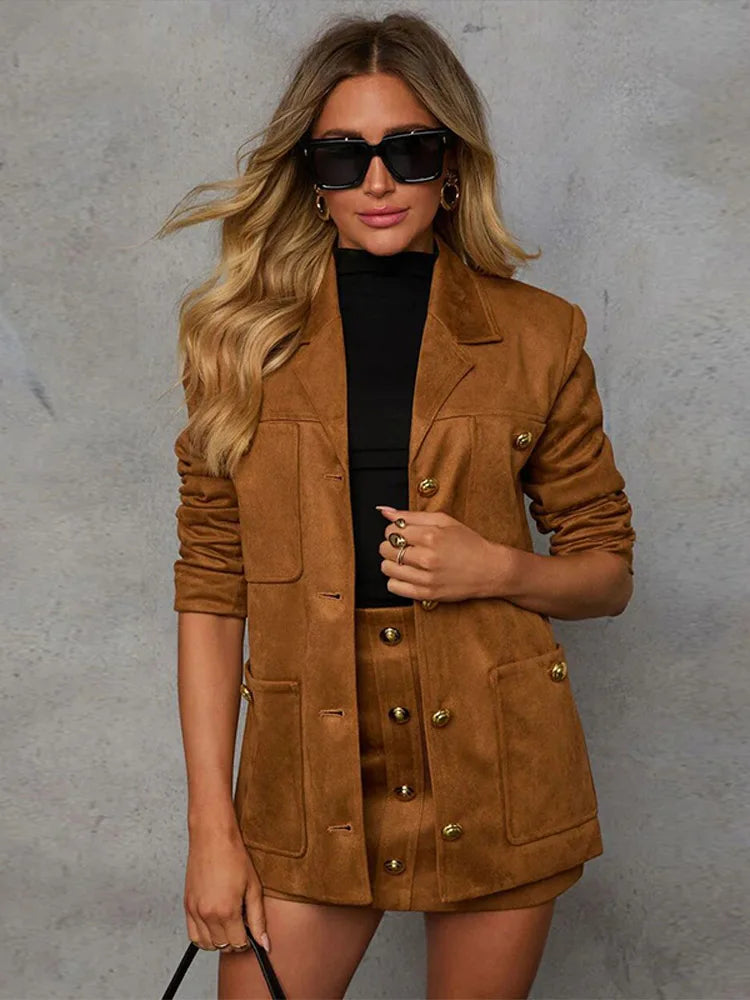 Elegant Brown Suede Jacket Women Fashion Lapel Long Sleeve With Pocket Coat Mini Skirt Suit 2024 New Autumn Lady High Streetwear