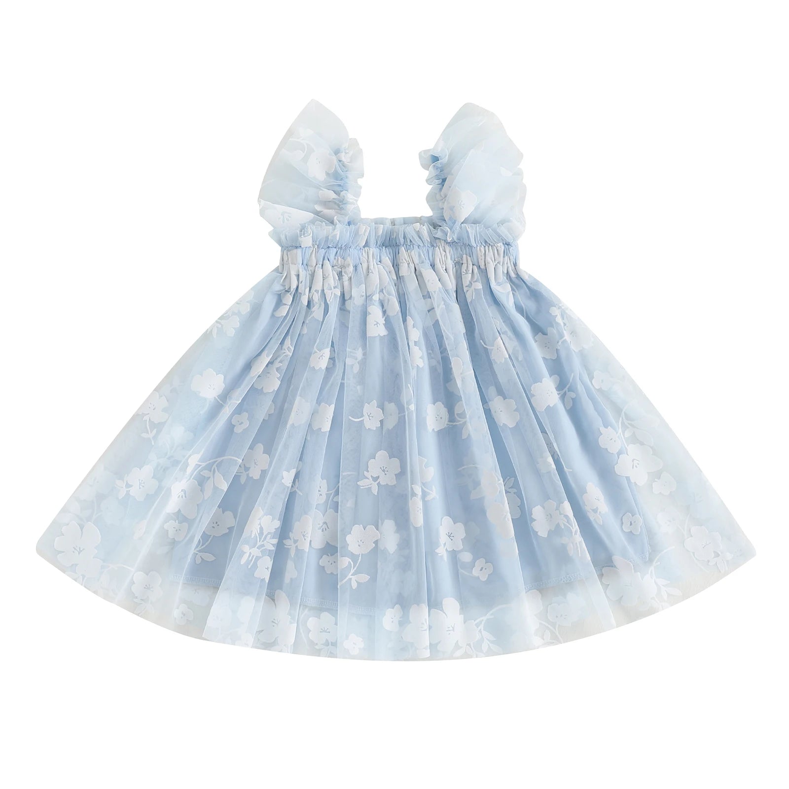 MISOWMNJOY Summer Chiffon Baby Girl Tulle Dresses Princess Glitter Flower Print Fly Sleeve Square Neck Kids Sundress Clothes