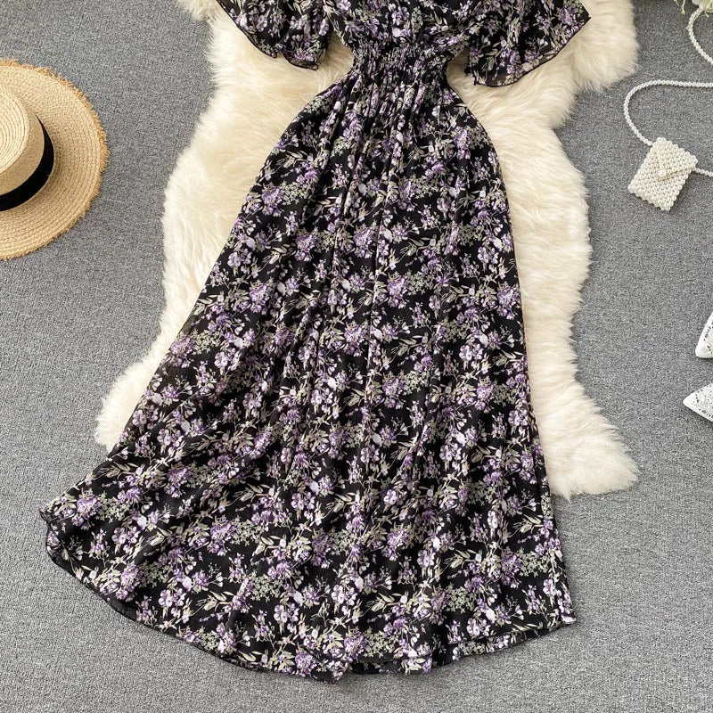 Retro Floral Print Ruffle Chiffon Elegant Midi Dress A-line V Neck Beach Vacation Dress Women Korean Fashion Summer Vestidos