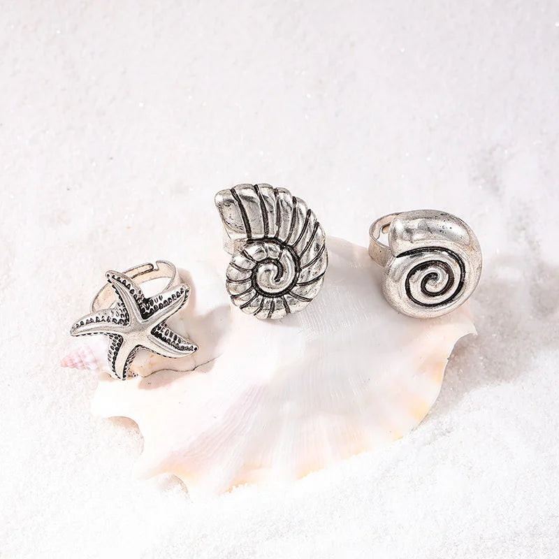 3Pcs/Set Fashion Metal Starfish Ring Set for Women Men Vintage Gold Color Conch Geometric Open Adjustable Finger Rings Jewelry