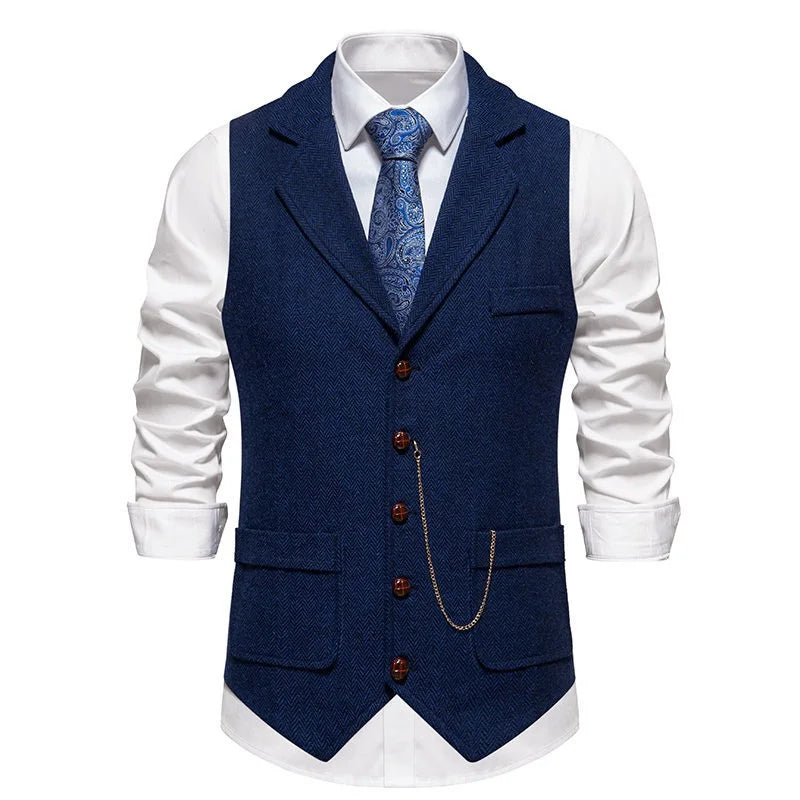 OO11Men's Retro Lapel Single Breasted Suit Vest Herringbone V-neck Vest Men