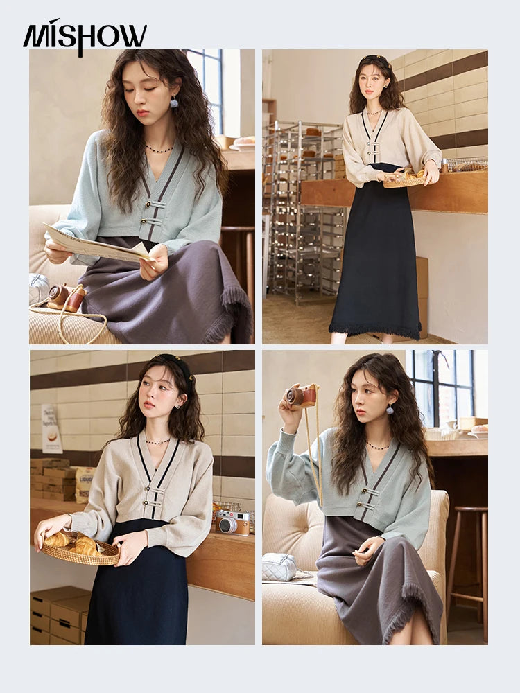 MISHOW Women's Knitted Lantern Sleeve Sweater Dress Two-piece Suit 2024 Autumn Separtely V Neck Coat Dresses Set MXC46L1589