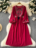 2025 New Spring Autumn Vacation Retro Ethnic Embroidery Dress Lantern Long Sleeve Waist Bohemian Dress A157