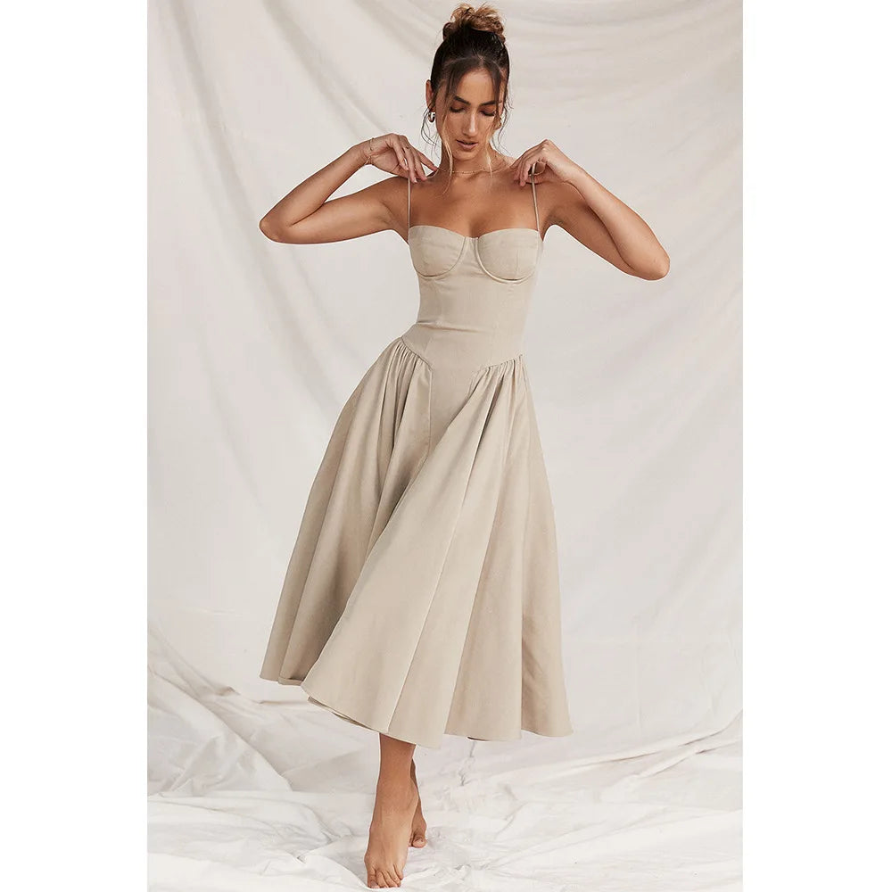 Summer Women Elegant Sleeveless Backless Pleated Dresses Lady Sexy Solid Sling Midi Dress 2024 Female Party Evening A-line Robes
