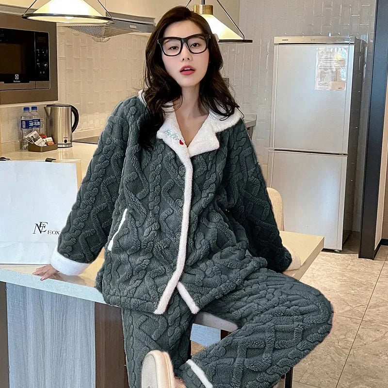 Coral Fleece sleepwear For women Autumn Winter Button Thicken Flannel Long sleeved Warm Flannel Home clothes Women Pajamas Sets