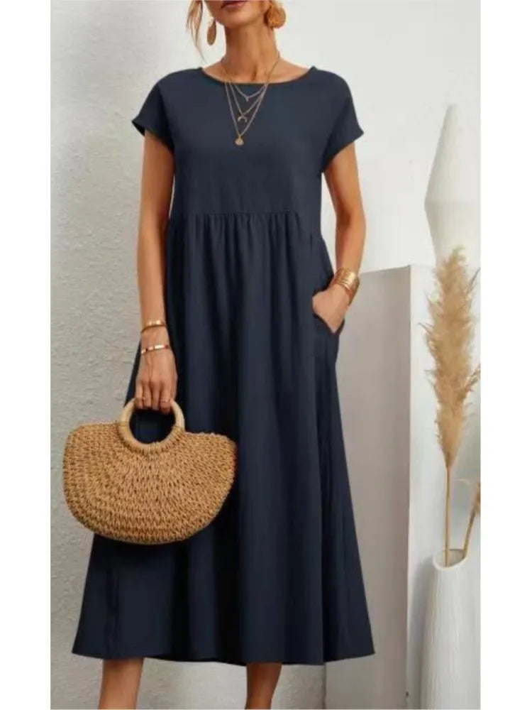 Women's Casual White Short Sleeve Midi Dress Summer Round Neck Cotton And Linen Vintage Loose Long Dresses With Pockets Y2K
