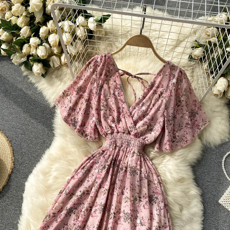 Retro Floral Print Ruffle Chiffon Elegant Midi Dress A-line V Neck Beach Vacation Dress Women Korean Fashion Summer Vestidos