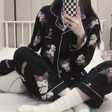 Women's Black Bottom Sweet Kurumi Pajamas Homewear Ladies Cartoon Long Sleeves Long Pants Lapel Cardigan Can Be Worn Outside Ms.