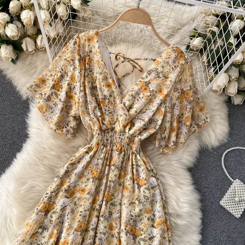 Retro Floral Print Ruffle Chiffon Elegant Midi Dress A-line V Neck Beach Vacation Dress Women Korean Fashion Summer Vestidos