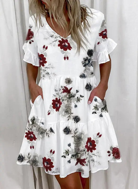 Women Summer Dress Casual V Neck Short Sleeve Butterfly Sleeve Floral Leaf Letter Print Mini Dresses Vestidos YSX9032
