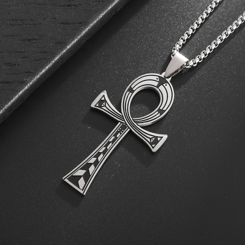 Ancient Egyptian Cross Life Key Pendant Necklace Retro Pharaoh Patron Saint Amulet Stainless Steel Jewelry for Men and Women