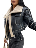 Women PU Faux Fur Leather Jacket Faux Fur Open Front Casual Furry Collar Lapel Short Parka Coat Warm Cardigan with Belt Outwear