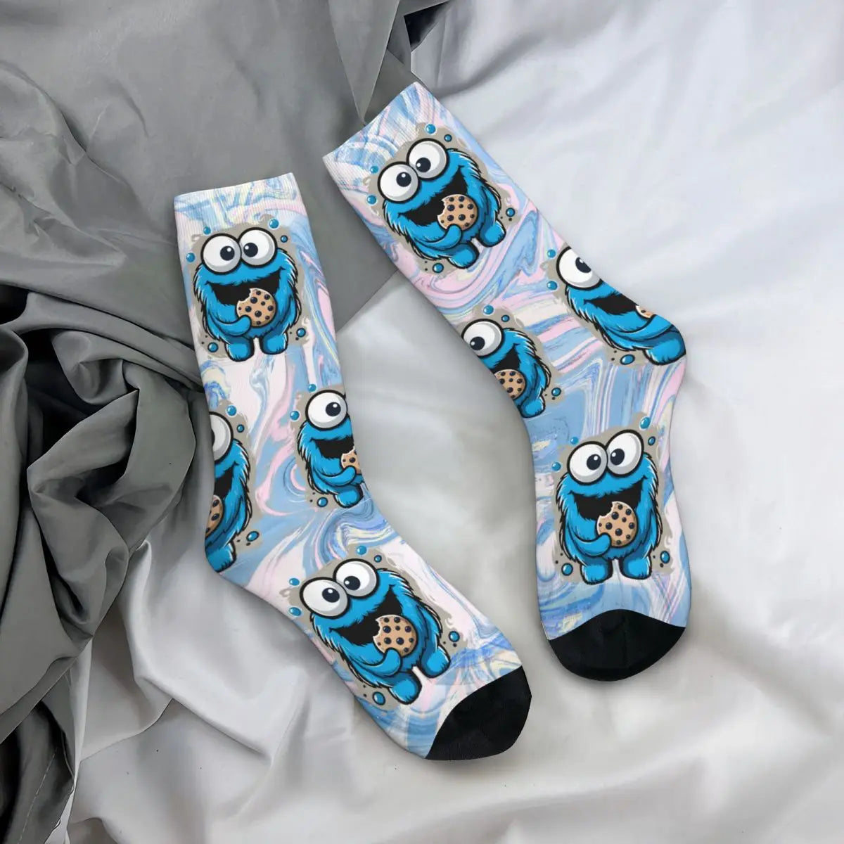 Crazy compression Blue Cute Sock for Men Harajuku Cookie Monsters Face Seamless Pattern Crew Sock Casual