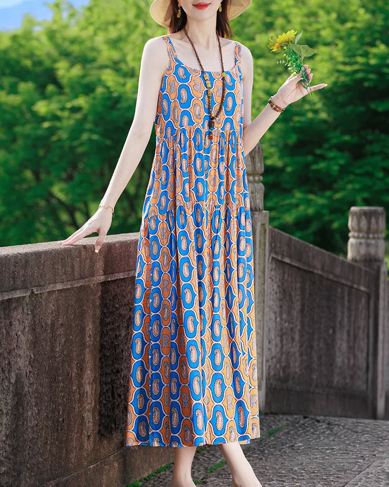 New Fashion Casual 2025 Summer Elegant Dresses For Women O-Neck Print Vintage Sleeveless Dress Loose Women Clothing