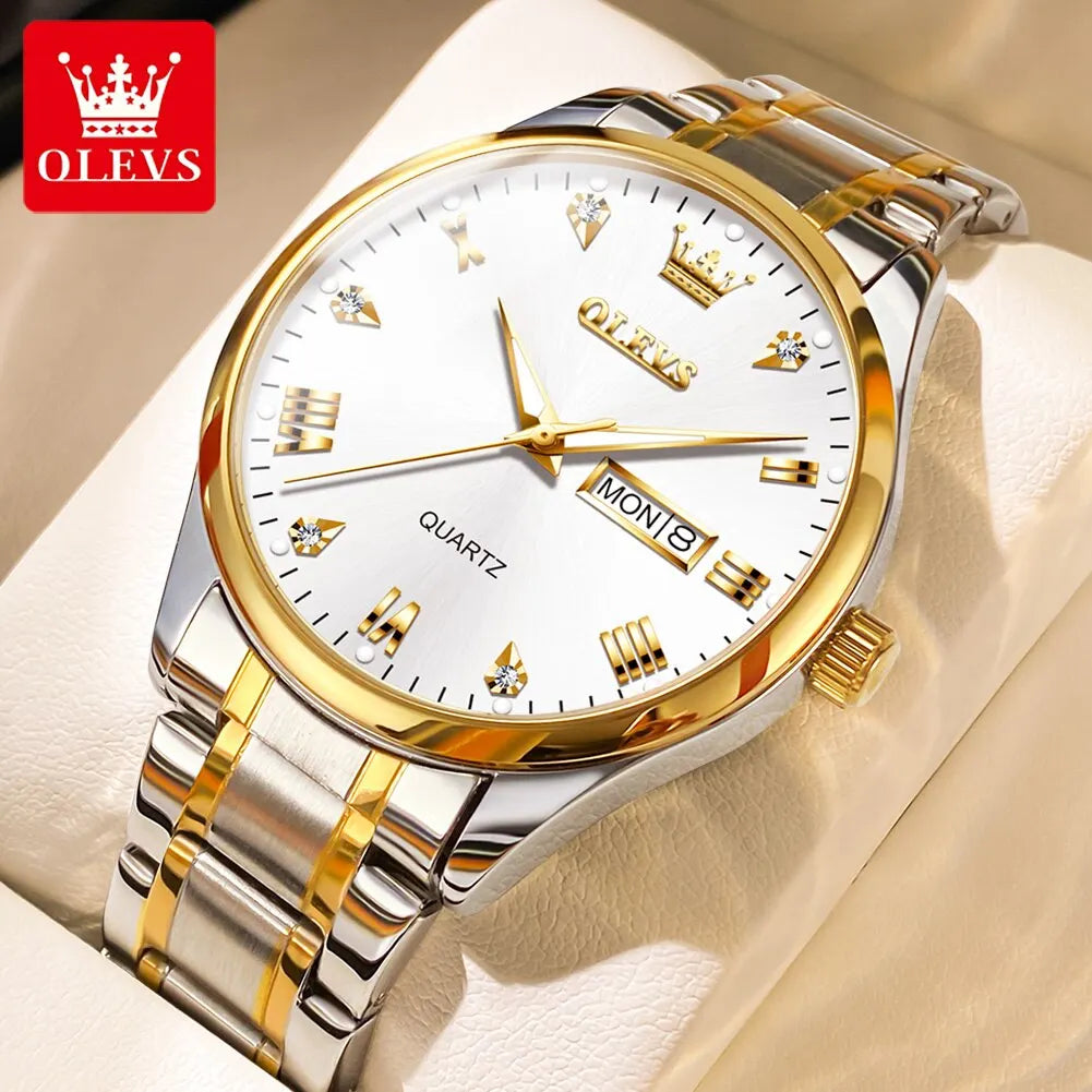 OLEVS Brand Men's Quartz Watch Stainless Steel Waterproof Luminous Fashion Strap Business Men's Quartz Wristwatch Gold Watch