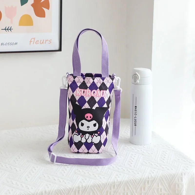 Kawaii Sanrio Hello Kitty Water Bottle Bag Cute Anime Figure Kuromi Pochacco Canvas Mug Bags Crossbody Tote Girls Gift Kids Toys