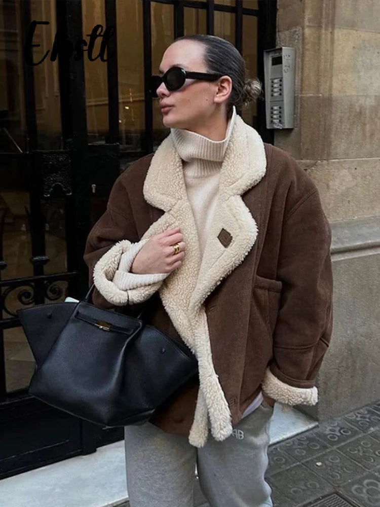 Vintage Lambs Wool Coats Women Casual Lapel Single Breasted Pockets Long Sleeve Jacket 2024 Winter New Ladies Thicken Streetwear