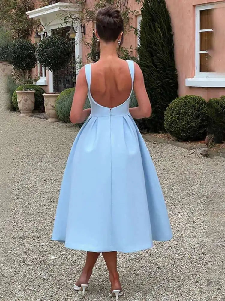 Townlike Pleated Waist Wrap A-line Dress Women Elegant Midi Long 2024 Summer Dress Backless Nightclub Sexy Party Dresses
