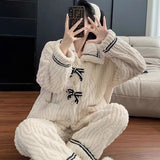 Women's Flannel Pajamas Set Autumn Winter Long Sleeve And Long Pants Sleepwear 2 Piece Set For Women Home Sweet Loose Pajamas