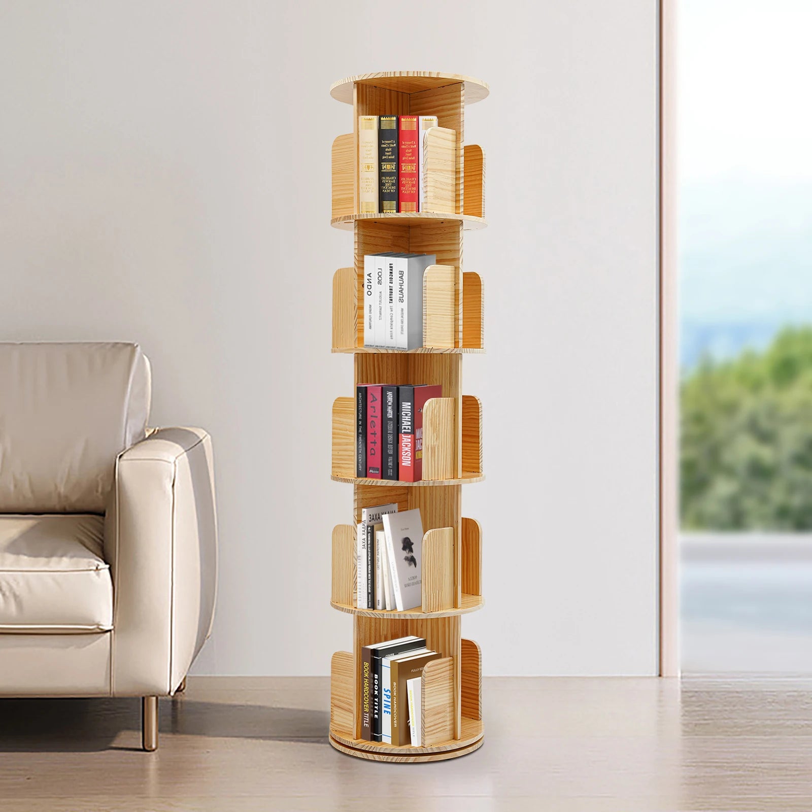 3/4/5 Tier Rotating Display Bookshelf -360° Unique Revolving Storage Rack, Floor Standing Wood Bookshelf Organizer