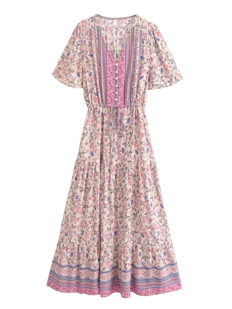 Happie Queens Women Floral Print Tie Neck Beach Bohemian Maxi Dresses Ladies Rayon Cotton Boho Pleated Dress Vestidos