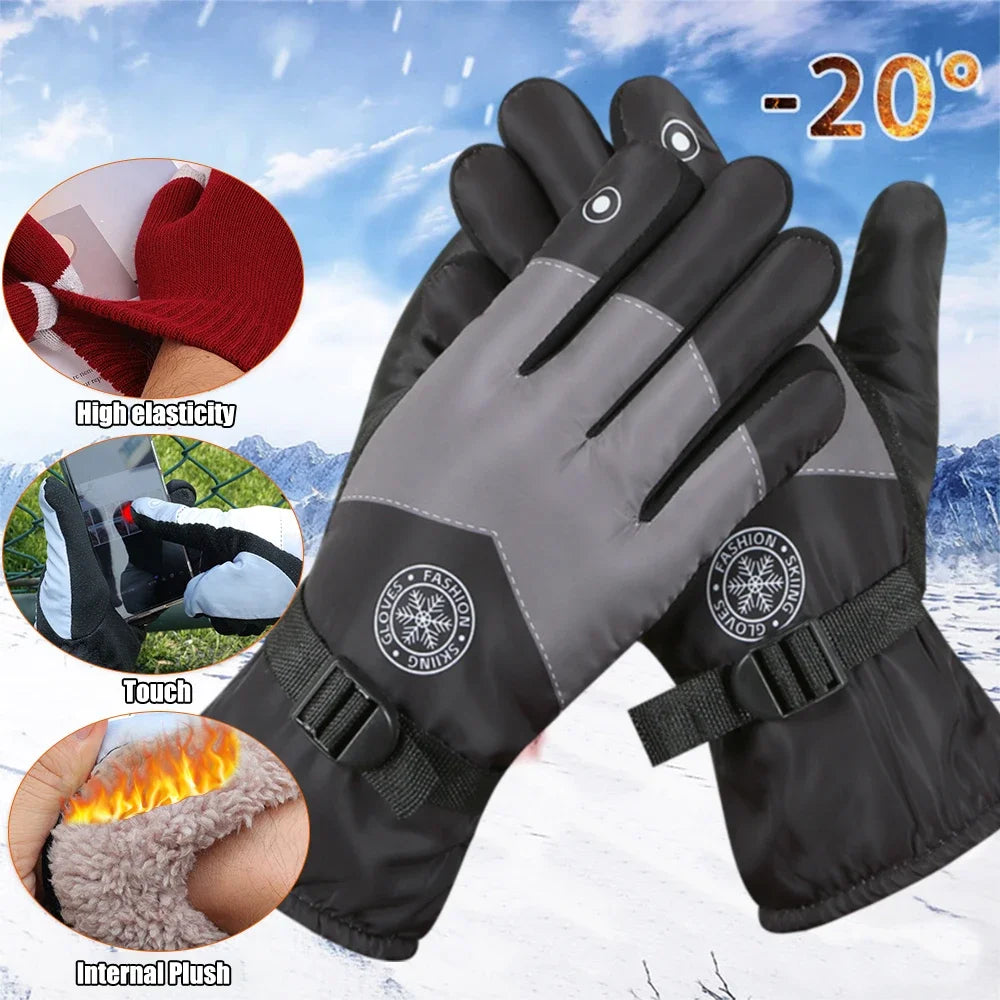 Winter Unisex Snowboard Ski Gloves PU Leather Non-slip Touchscreen Waterproof Motorcycle Cycling Fleece Warm Snow Gloves