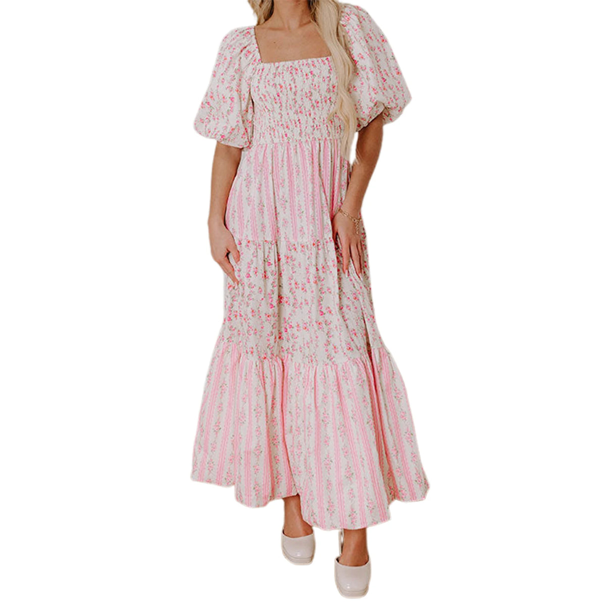 Women Floral Print Smocked Square Neck Short Puff Sleeve Summer Fashion Casual Backless Loose Fit Flowy A-line Long Dress