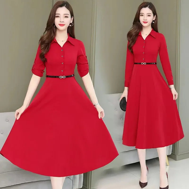 Medium-Length Polo Collar Dress Women's Spring New Style Korean Fit Waist-Gathered Elegant Wide Lady Plus Size Long Sleeve Simpl