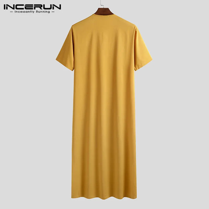 INCERUN 2024 Men Muslim Jubba Thobe Islamic Kaftan Solid Color Fashion Short Sleeve Caftan Middle East Dubai Mens Robes S-5XL