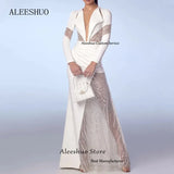 Aleeshuo Elegant Mermaid Long Sleeves Prom Gowns Illusion Simple Sexy Deep V-Neck Pleat Sequined Floor-Lengthفساتين مناسبة رس