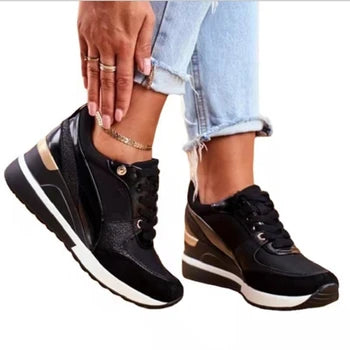 Women Sport Shoes Fashion Mixed Colors Casual Sneakers Wedge Heel Ladies Vulcanized Shoes Lace-Up Walking Running Shoes 2023